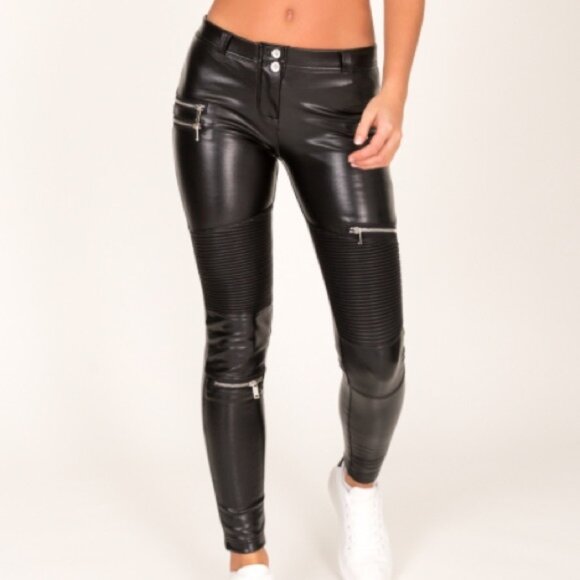 Hugz Jeans Black Faux Leather Low Waist Moto Biker Style Skinny Pants 10 - Picture 16 of 16